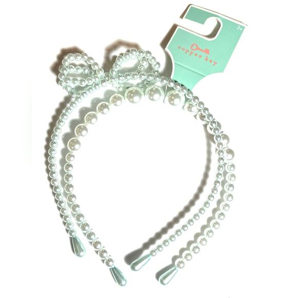 NEW Set (2) HEADBANDS Copper Key GIRLS Kids Blue Graduated Faux Pearl & Bow - Picture 2 of 4